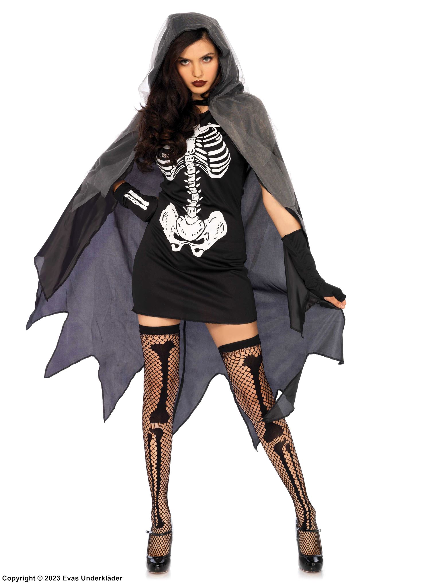 Halloween, maskeradklänning med revor och huva, skelett